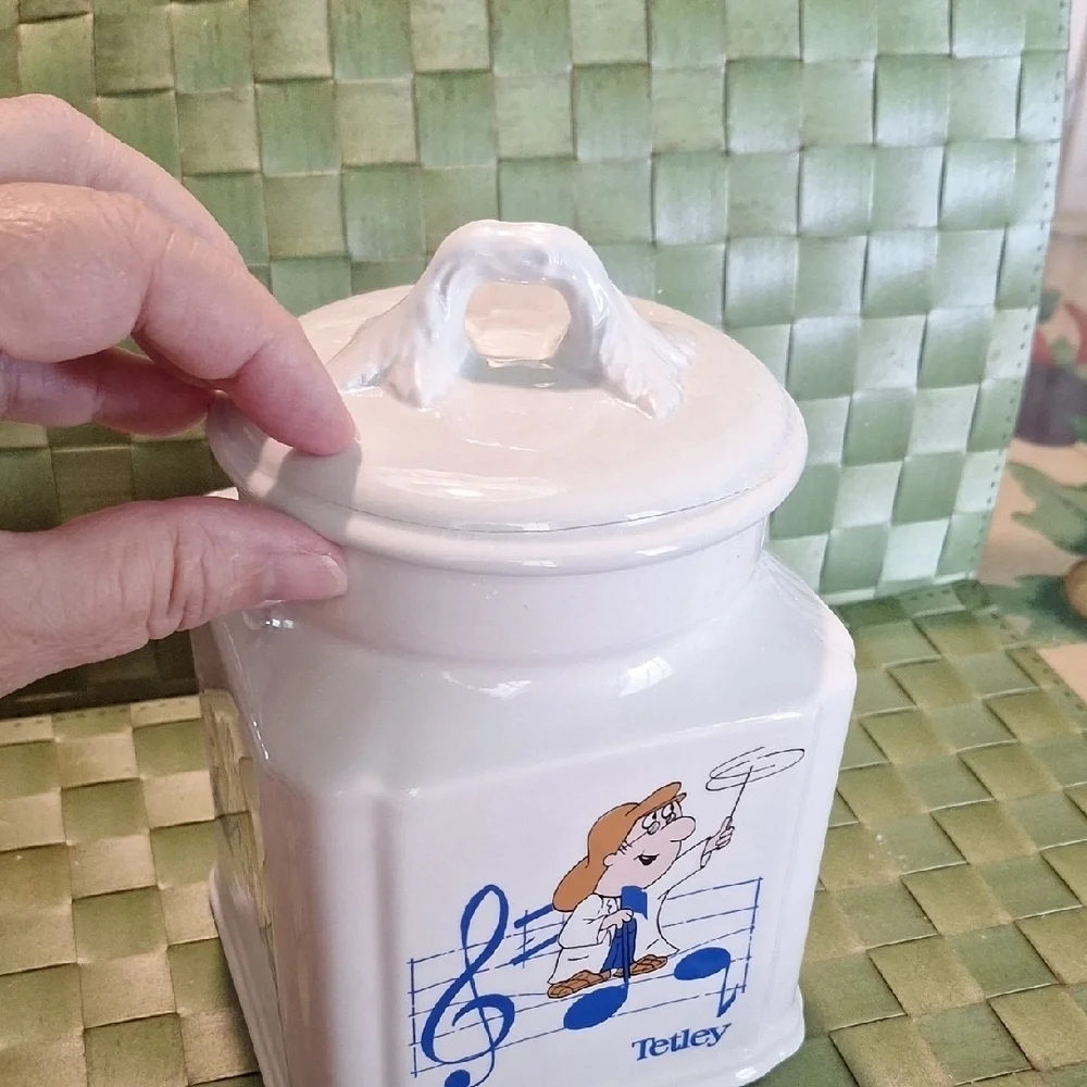 White Ceramic Tea Canister with Blue Musical Design